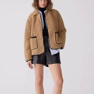 J Crew Faux Sherpa Barn Jacket Women’s Camel Tan & Black Trim BW067 Size Medium
